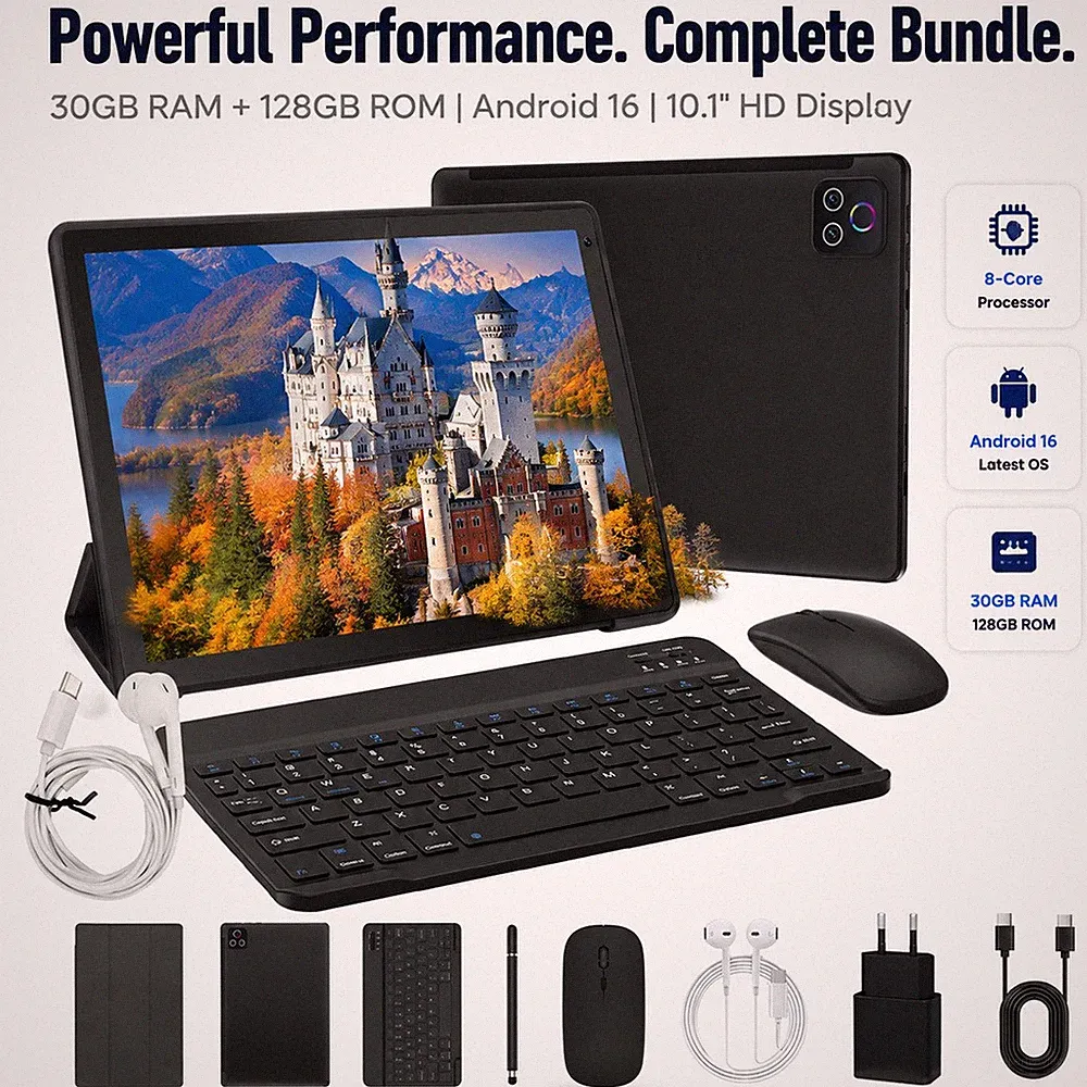 10,1 Zoll Android 16 Tablet Octa-Core 30GB+128GB Widevine L1 WLAN Bluetooth
