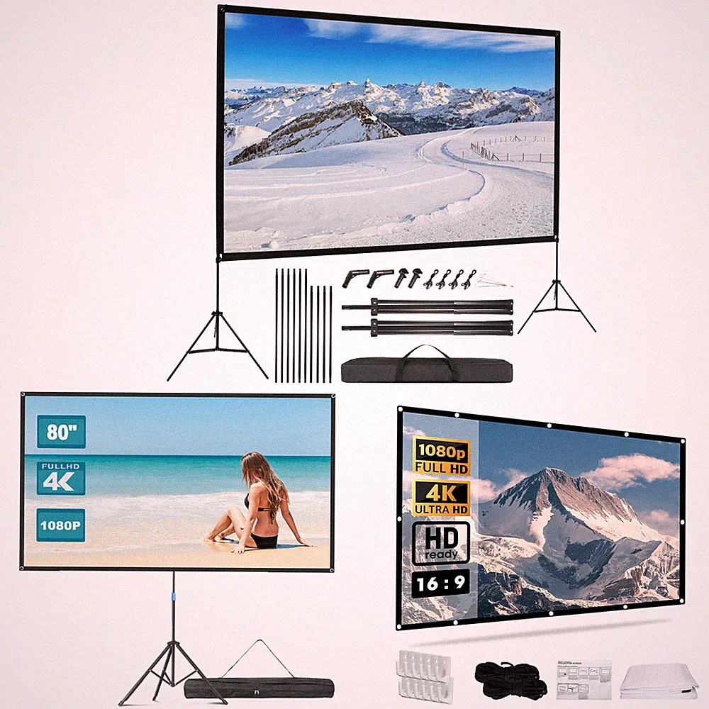 100/120" Beamer Leinwand mit Stativ/Haken Tragbare Projektion 16:9 4K HD Filme