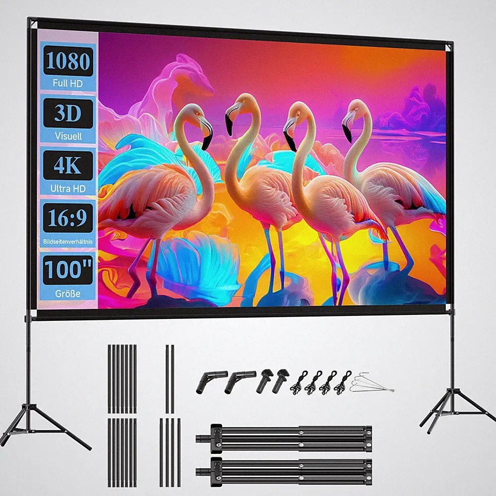 100” Beamer Leinwand mit Stativ, 169 4K HD Projektor Leinwand Tragbar, Faltba...