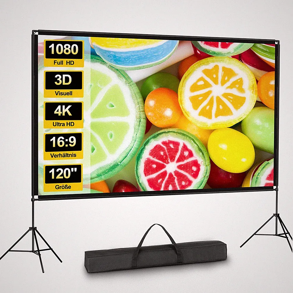 120"Beamer Leinwand Mit Stativ Set 16:9 4K HD Outdoor Camping Heimkino 266x150cm