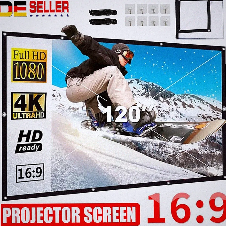 120" Beamer Leinwand Rollo Faltbarer Projector Screen Outdoor 16:9 HD Mit Haken