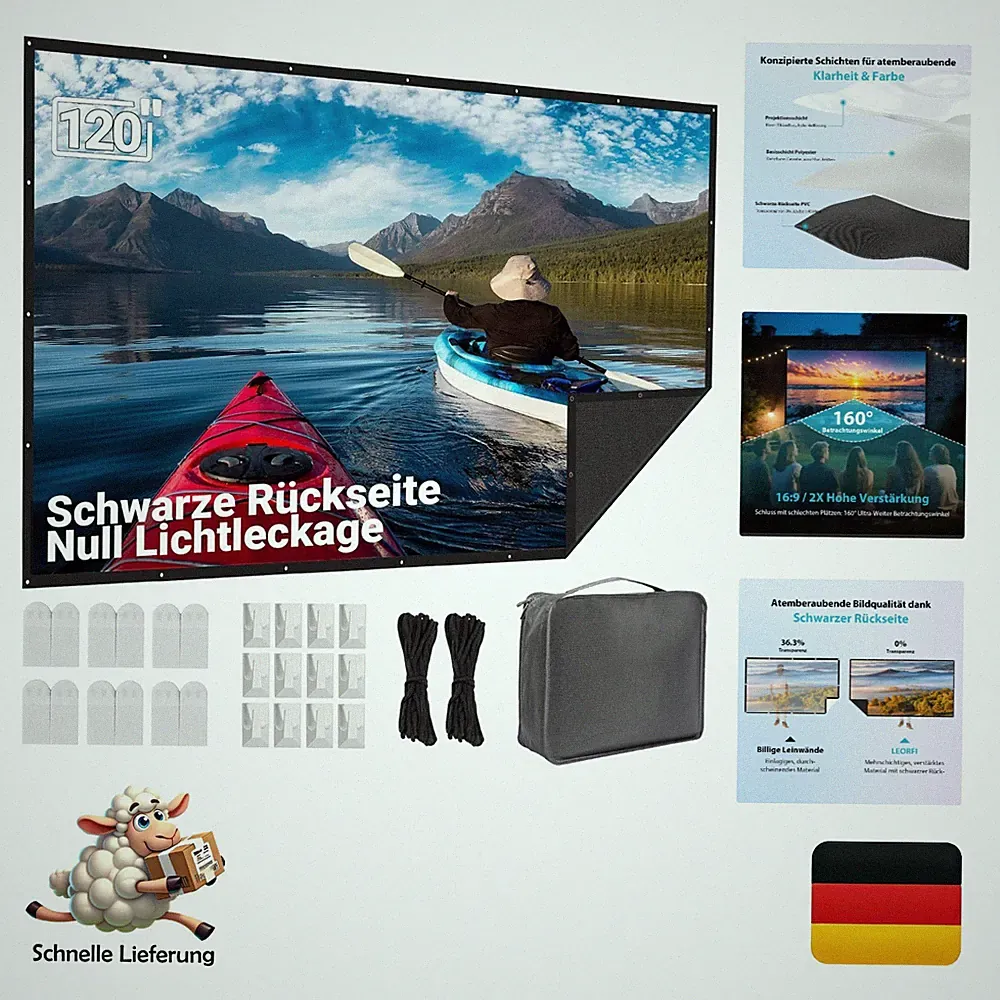 120 Zoll Beamer Leinwand Projektionswand Schwarz Rückseite Faltbar Wandhalterung