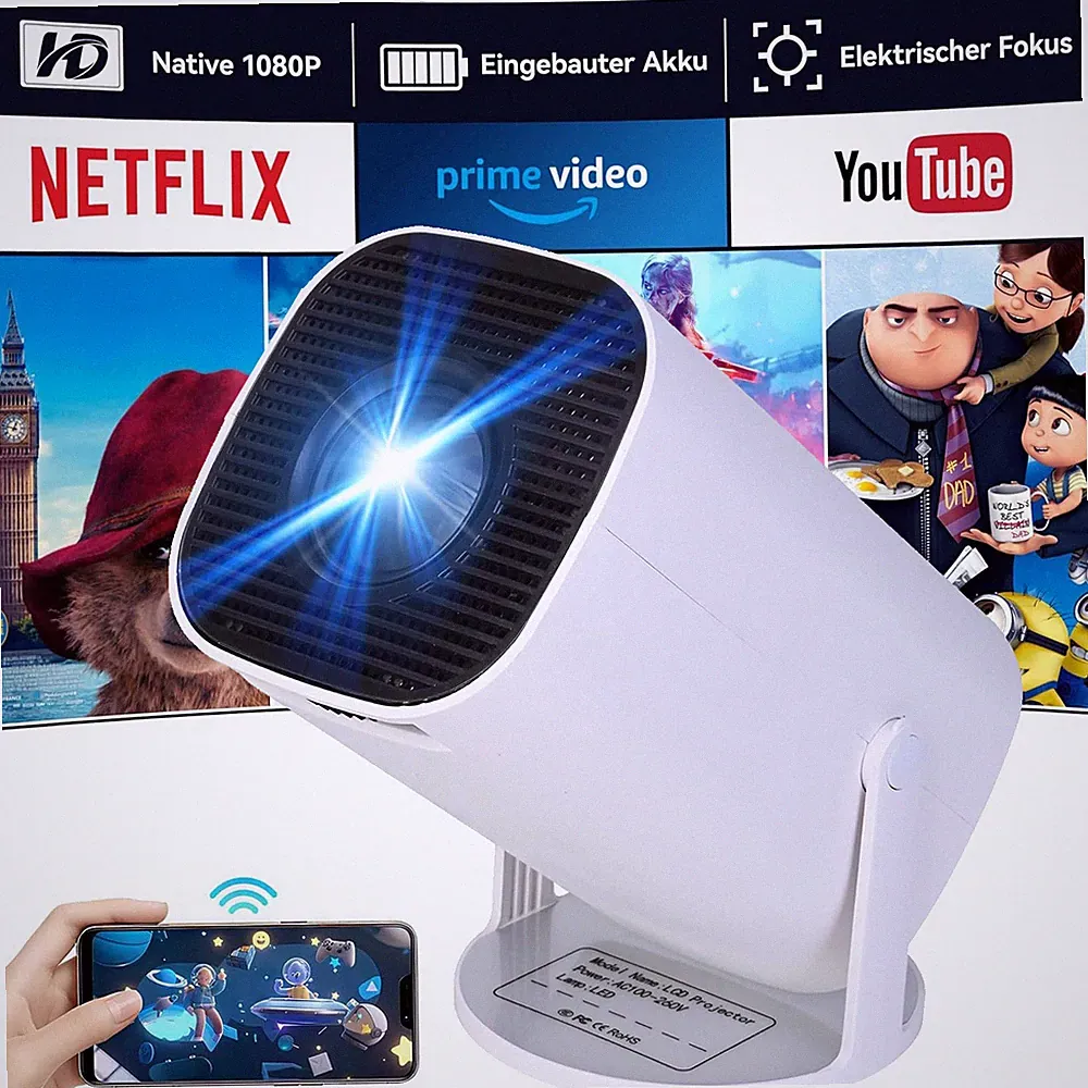 180° Mini Beamer 1080P Tragbarer Projektor Auto Trapezkorrektur Beamer mit HDMI