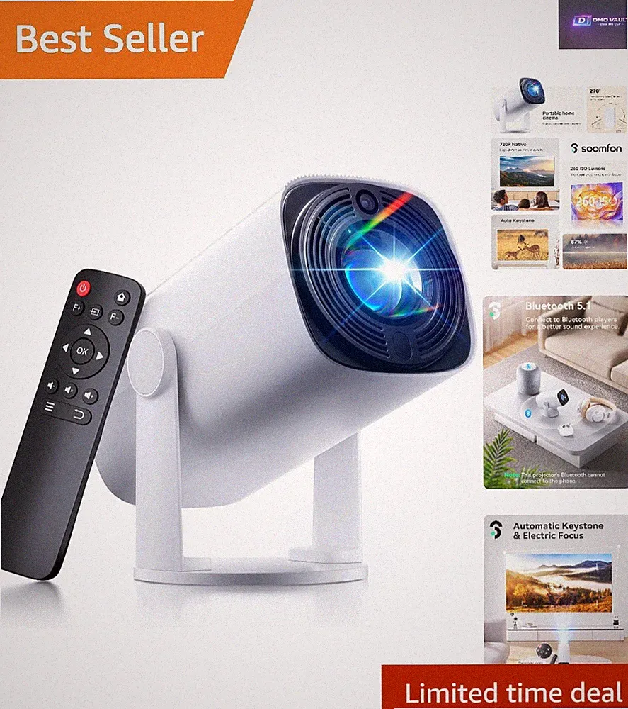 270° drehbarer Mini-Projektor - 1080P Unterstützung, Auto Keystone für Zuhause oder Reisen