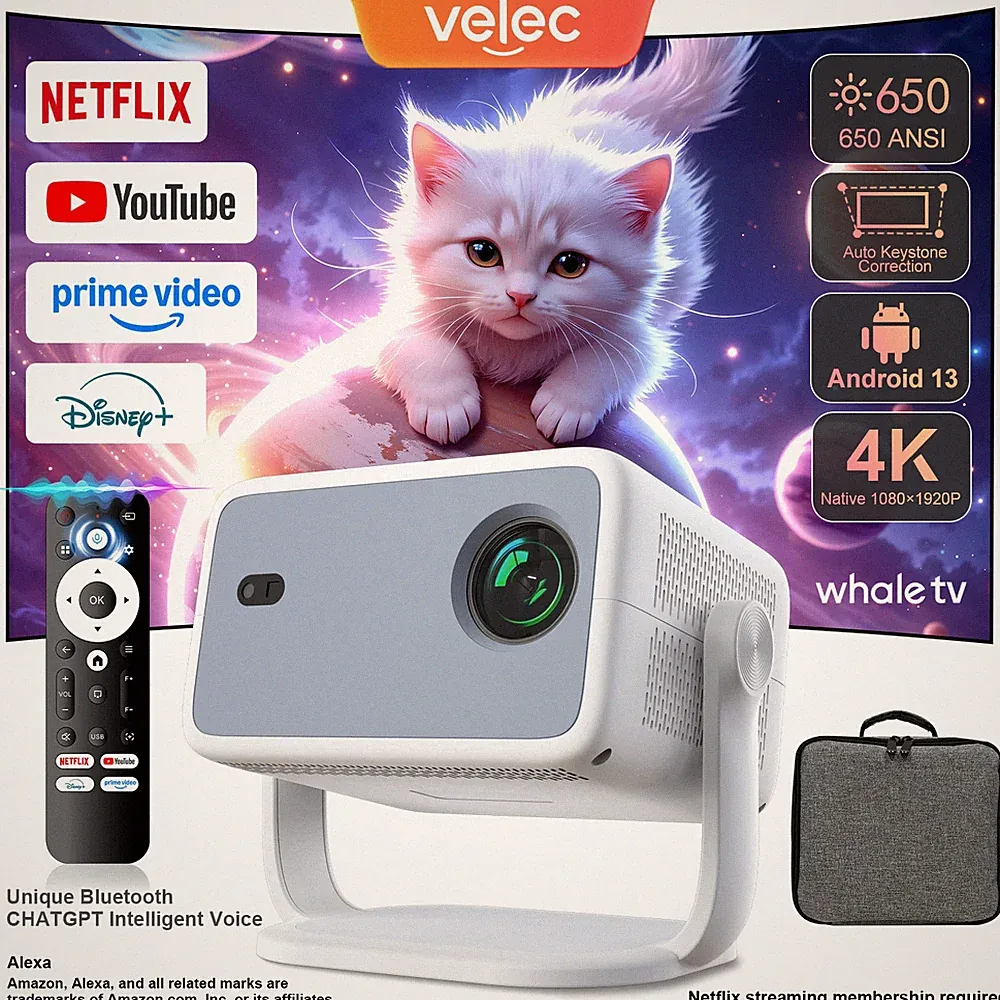 4K 1080 Beamer Android 13 WiFi6 BT5.2 650ANSI Autofokus Keystone Heimkino