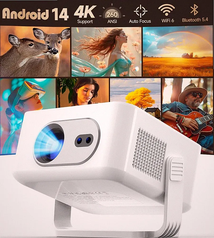 4K Android Projektor 14 Autofokus WiFi 6 BT 5.4 Heimkino Drehbar 180°