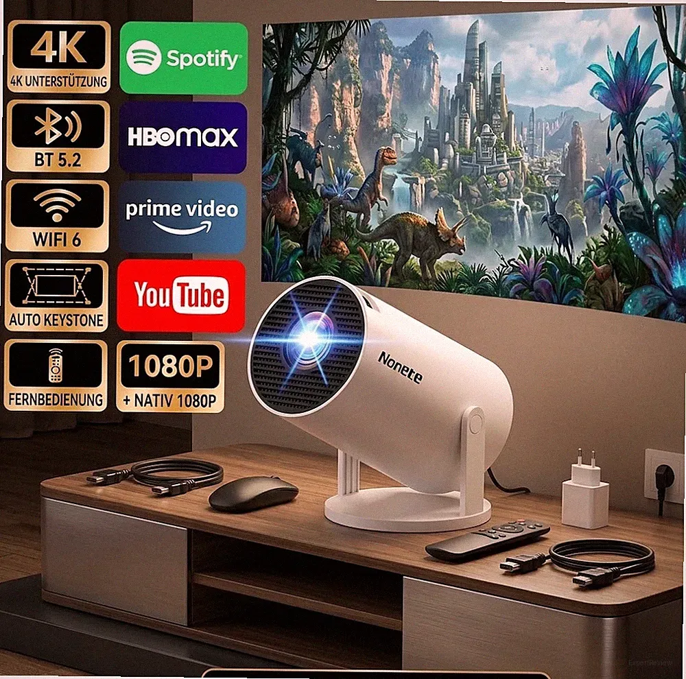 4K Mini Projektor Full HD WiFi 6 Bluetooth Smart Beamer 270° Deckenbeamer + Maus