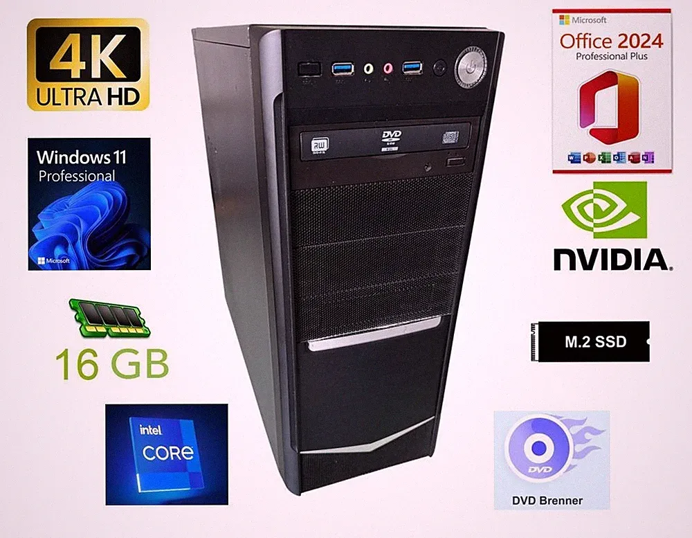 4K Office-PC | 3,7 GHz | 16 GB RAM | 490 GB SSD+HDD | Win 11 Pro | Office 24Pro