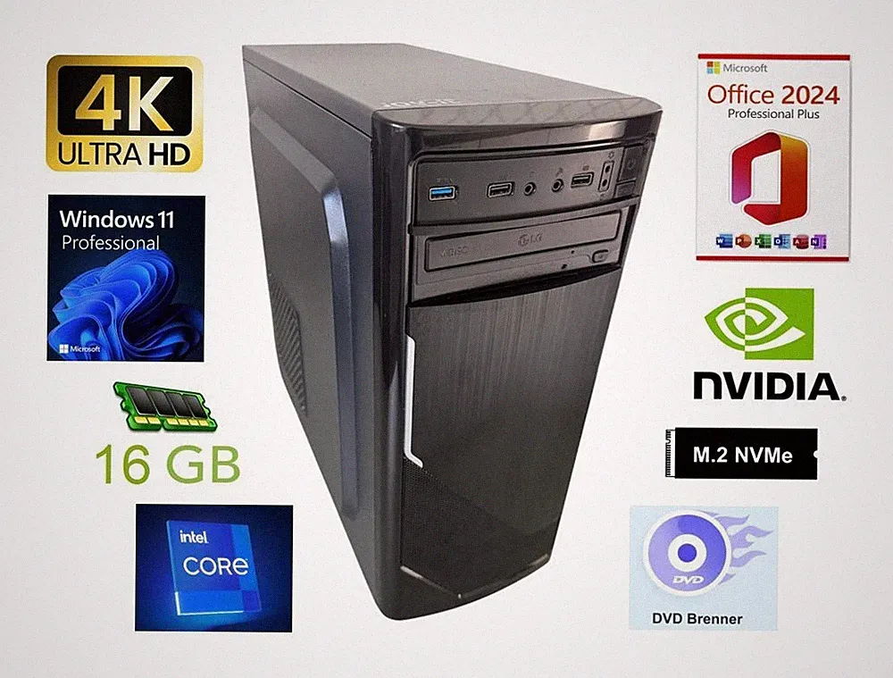 4K Office-PC | 3,9 GHz | 16 GB RAM | 740 GB SSD+HDD | Win 11 Pro | Office 24Pro