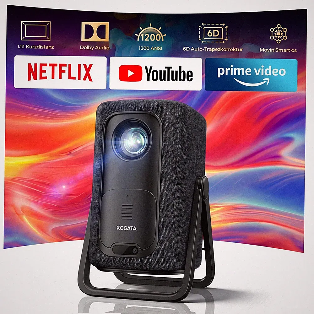 4K Smart Beamer | KOGATA Kurzdistanz 1.1:1, tragbar | Kompatibel mit Schwarz