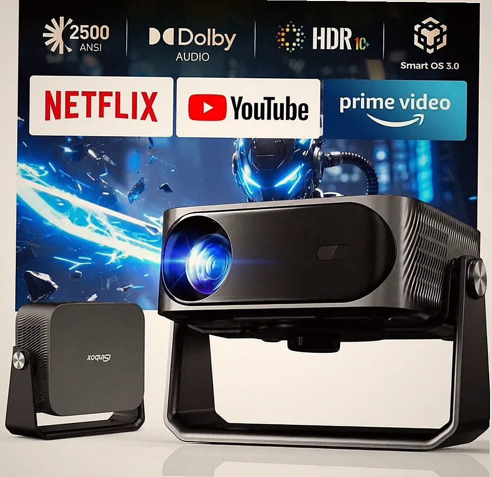 4K Smart Beamer kompatibel mit Netflix, 2500 ANSI Heimkino mit 360° Stan