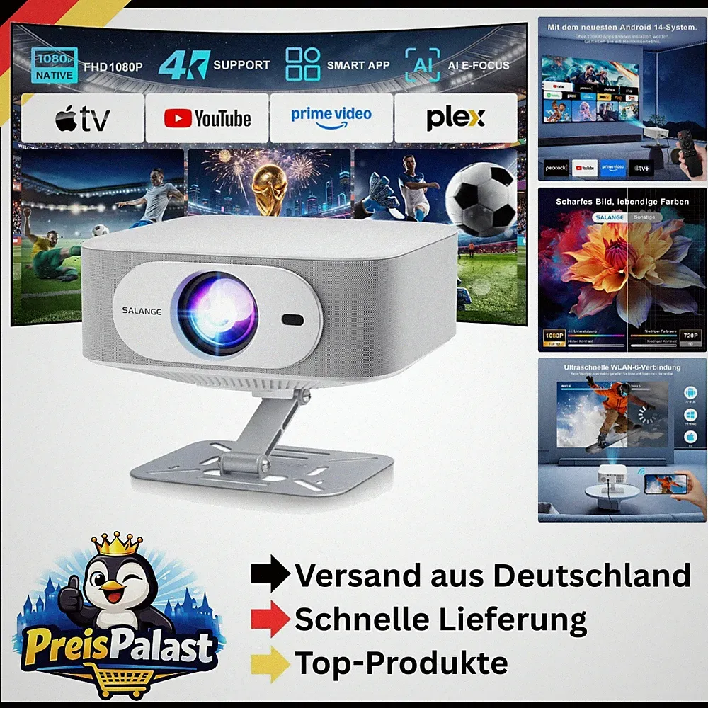 4K Smart Beamer mit Android 14 Home Theater Tragbar WiFi Bluetooth 200 Zoll
