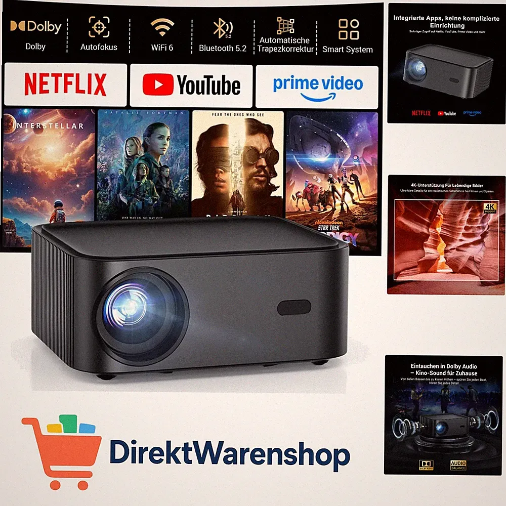 4K Smart Beamer mit integrierter Netflix-App, Heimkino Projektor mit Autofoku...