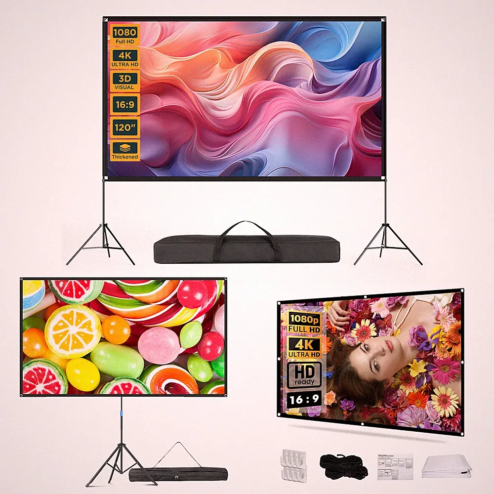 80/100/120" Beamer Leinwand mit Stativ/Haken Tragbare Projektion 16:9 4K HD Set
