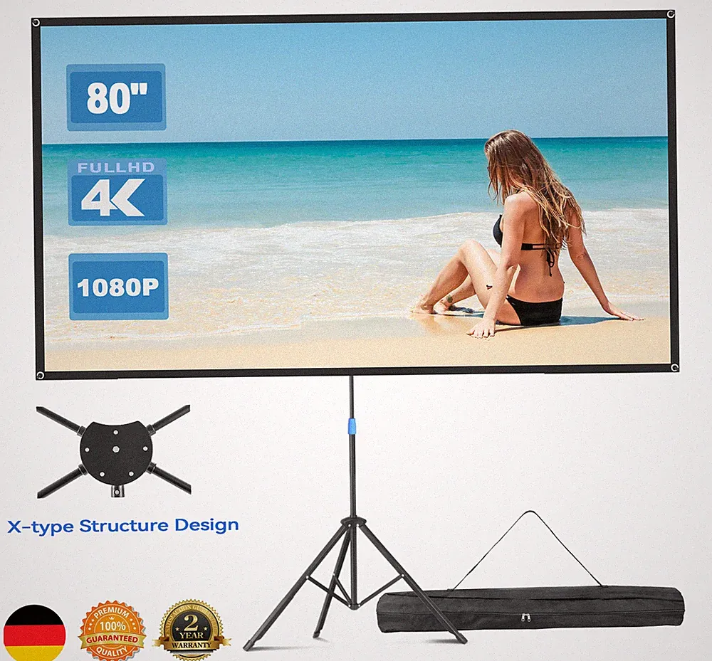 80 Zoll PVC Beamer Leinwand Mit Stativ Dreibein Tragbar 16:9 4K Heimkino Camping