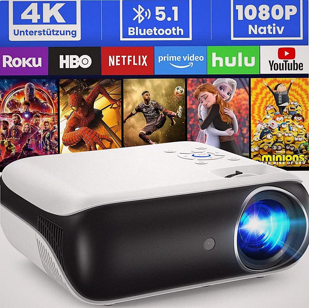 9500 Lumen Mini Beamer, 4K HDR Heimkino, 200 Zoll, Bluetooth, Full HD Projektor