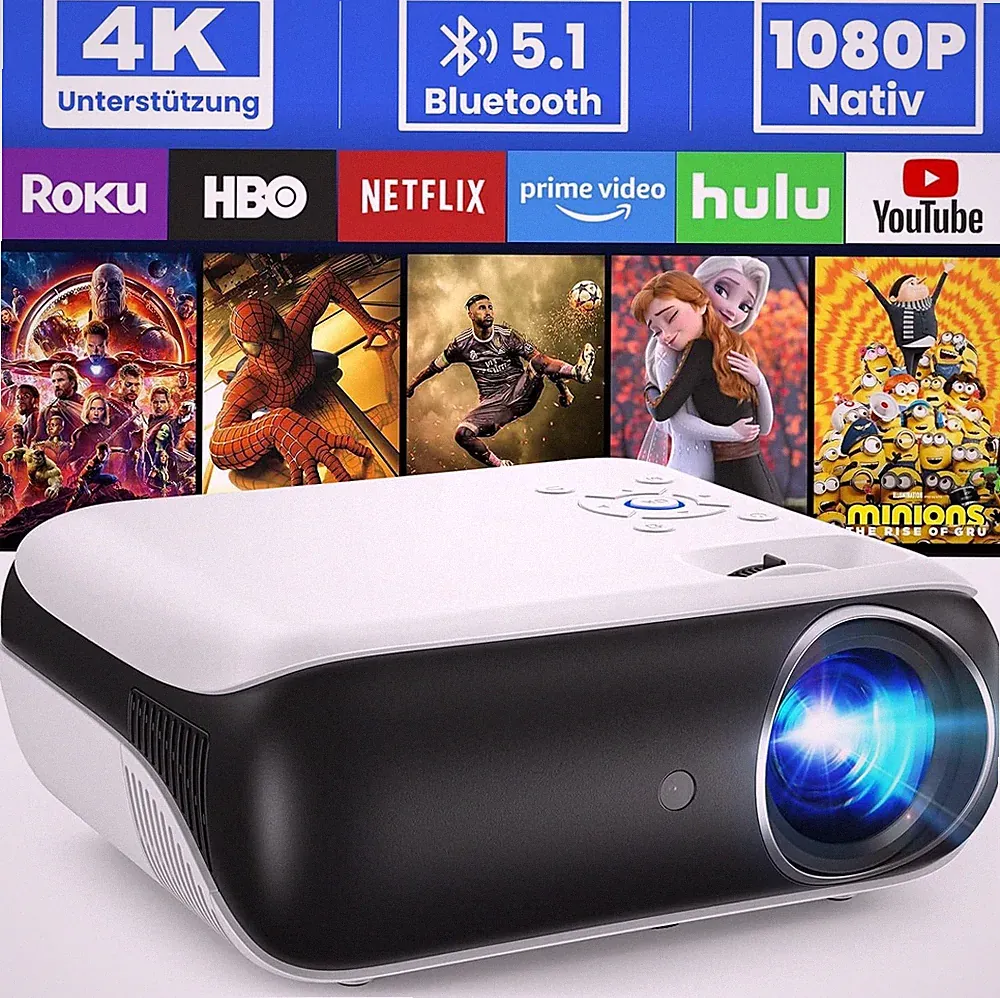 9500 Lumen Mini Beamer, 4K HDR Heimkino, 200 Zoll, Bluetooth, Full HD Projektor