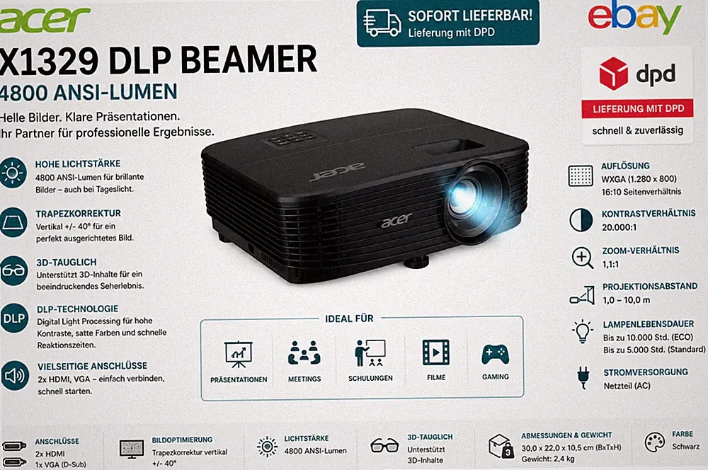acer X1329, DLP Beamer, 4800 ANSI-Lumen