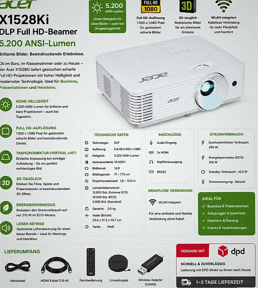 acer X1528Ki, DLP Full HD-Beamer, 5.200 ANSI-Lumen