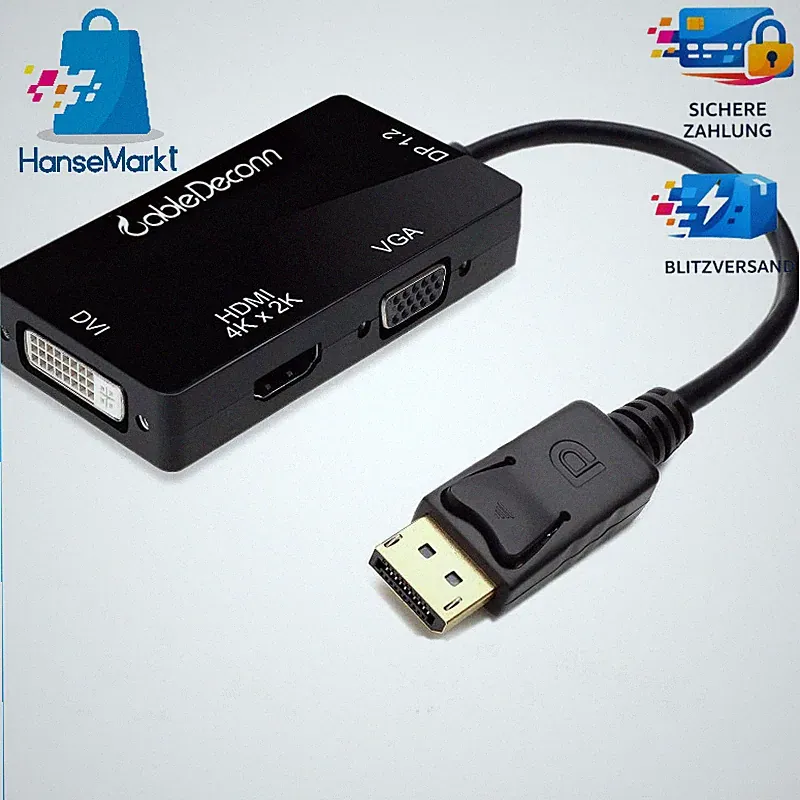 Adapter 3-in-1 DisplayPort 1.2 auf HDMI DVI VGA 4K Multi-Kabel für PC Laptop