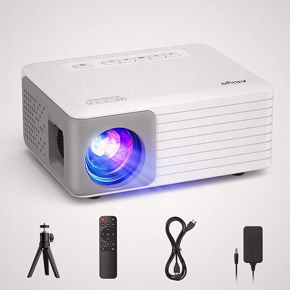 AKIYO O1 Full HD 1080p Projektor mit Stativ, kompatibel mit Smartphones