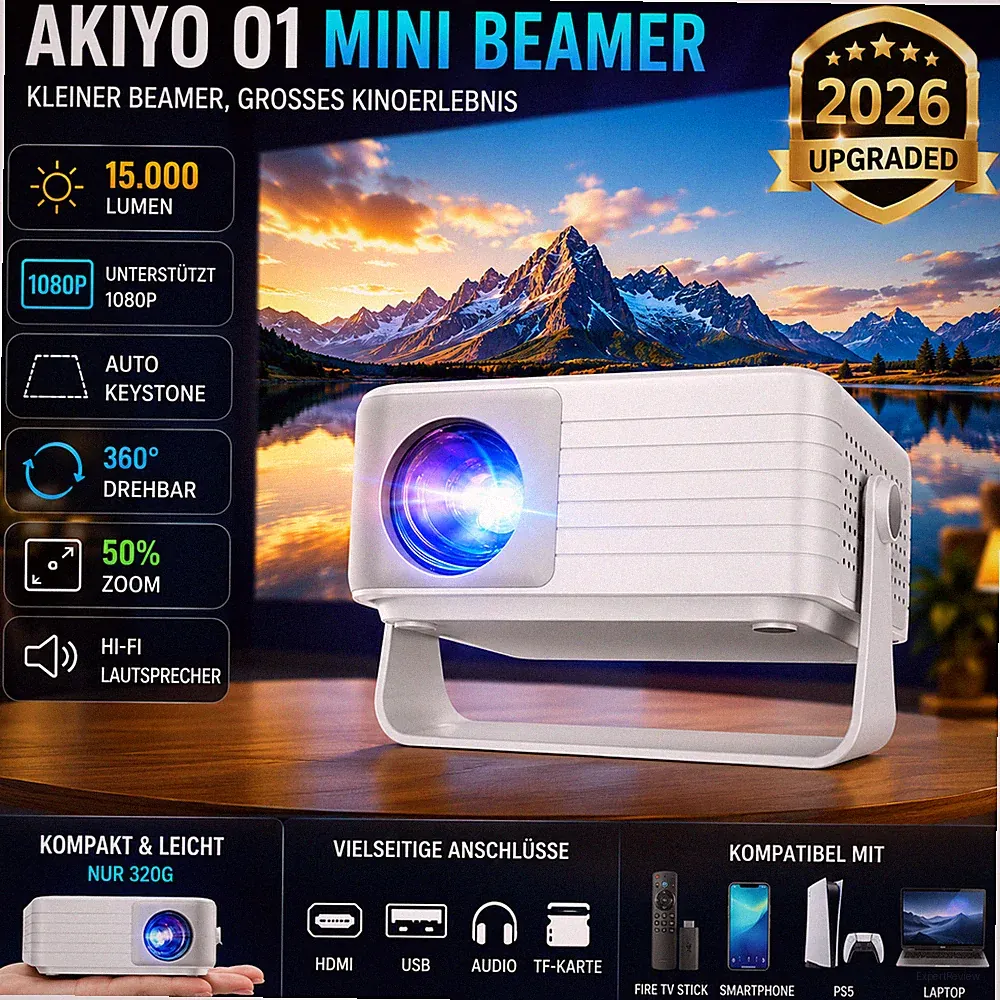 AKIYO O1 Mini Beamer 1080P Auto Keystone 360° Drehbar HDMI USB Projektor Kino