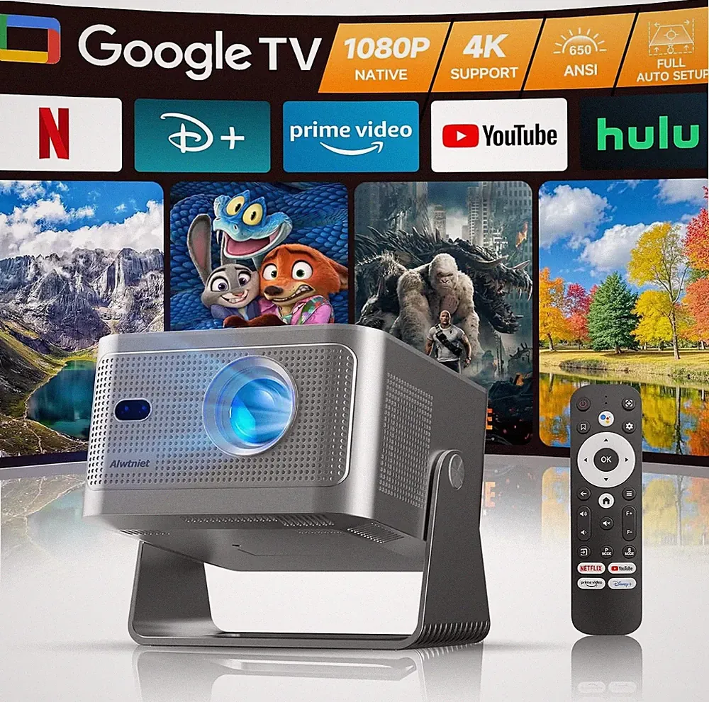 Alwtniet Beamer 4K Mini Projektor Smart mit Google TV 180 Dreh Bluetooth 650