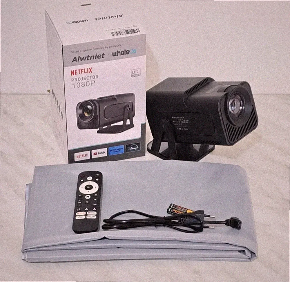 Alwtniet Full HD Beamer Android 13 + Leinwand Grau