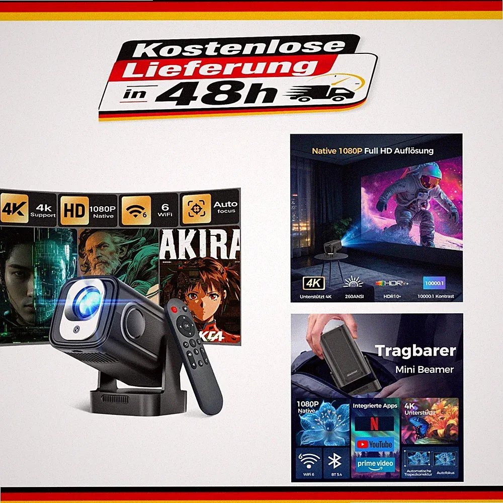 Alwtniet HY310 Mini Beamer 4K Unterstützt, Autofokus, WiFi 6, Bluetooth 5.4