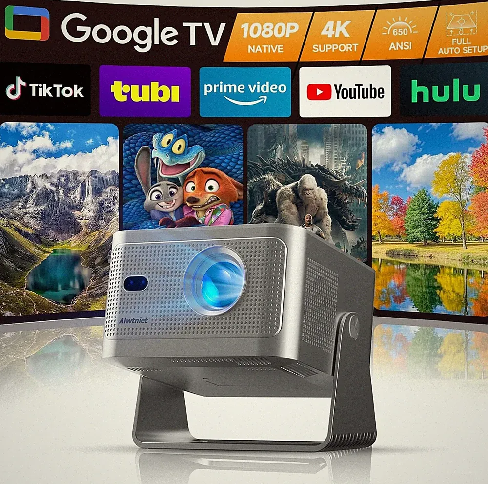Alwtniet Mini Beamer 4K Projektor Unterstützt Google TV 180 Dreh 650 ANSI Lumen