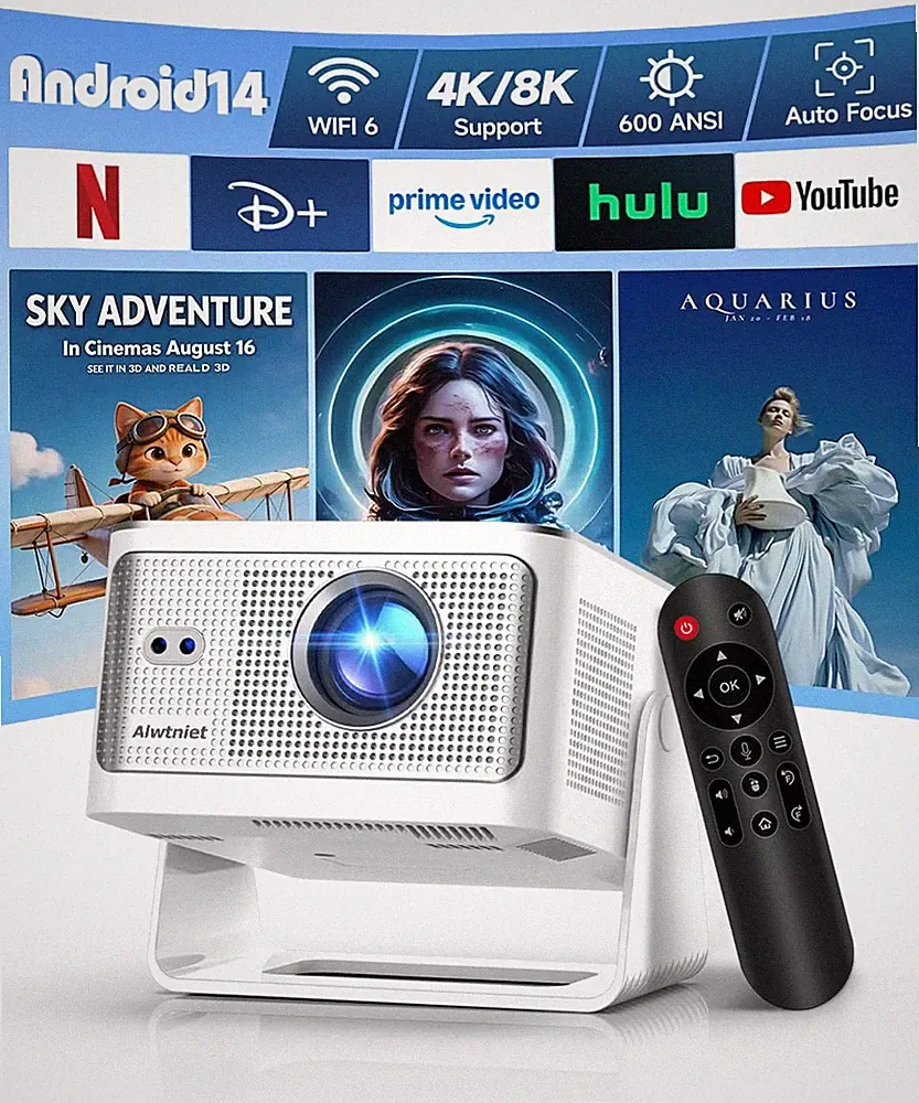 Alwtniet Tragbarer Projektor 4K 8K 1080P Nativ und integrierte Apps Mini Videopr...