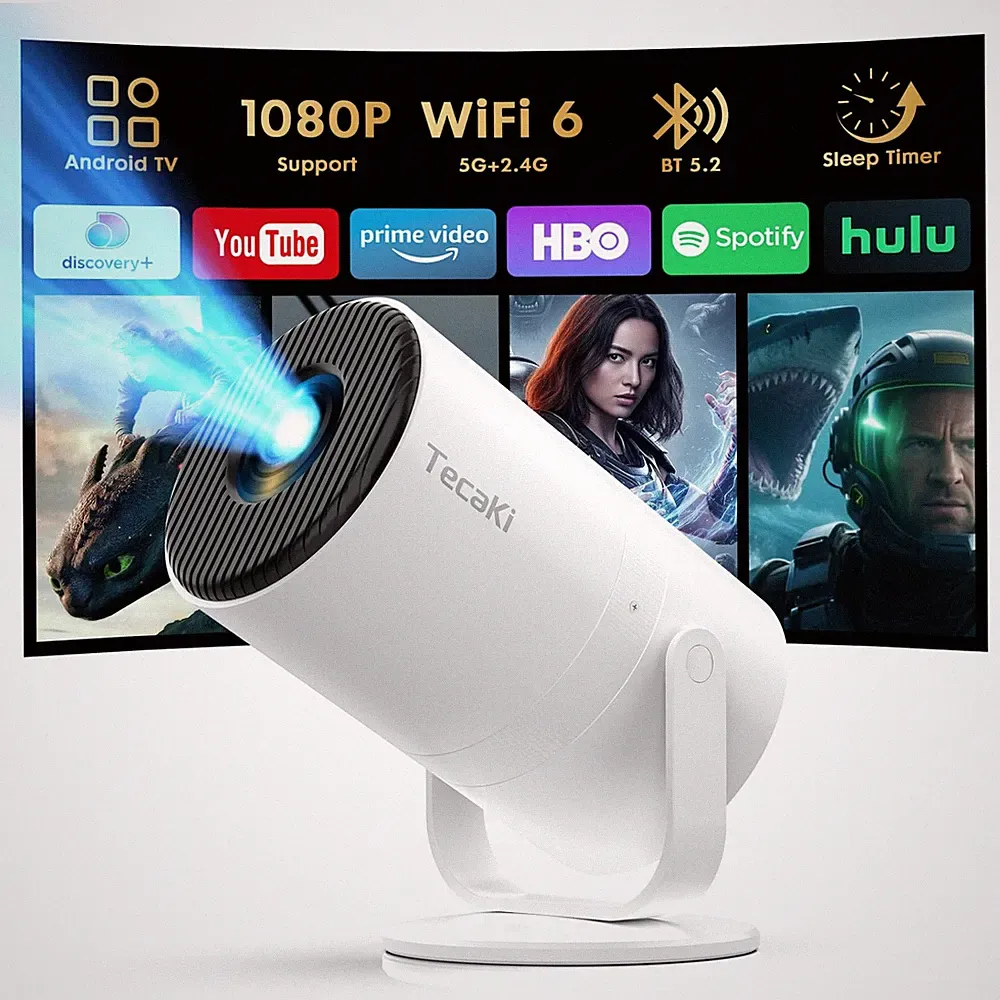 【Android 14 & integrierte Apps】Tecaki Mini Projektor mit WiFi 6 und Bluetooth 5.2