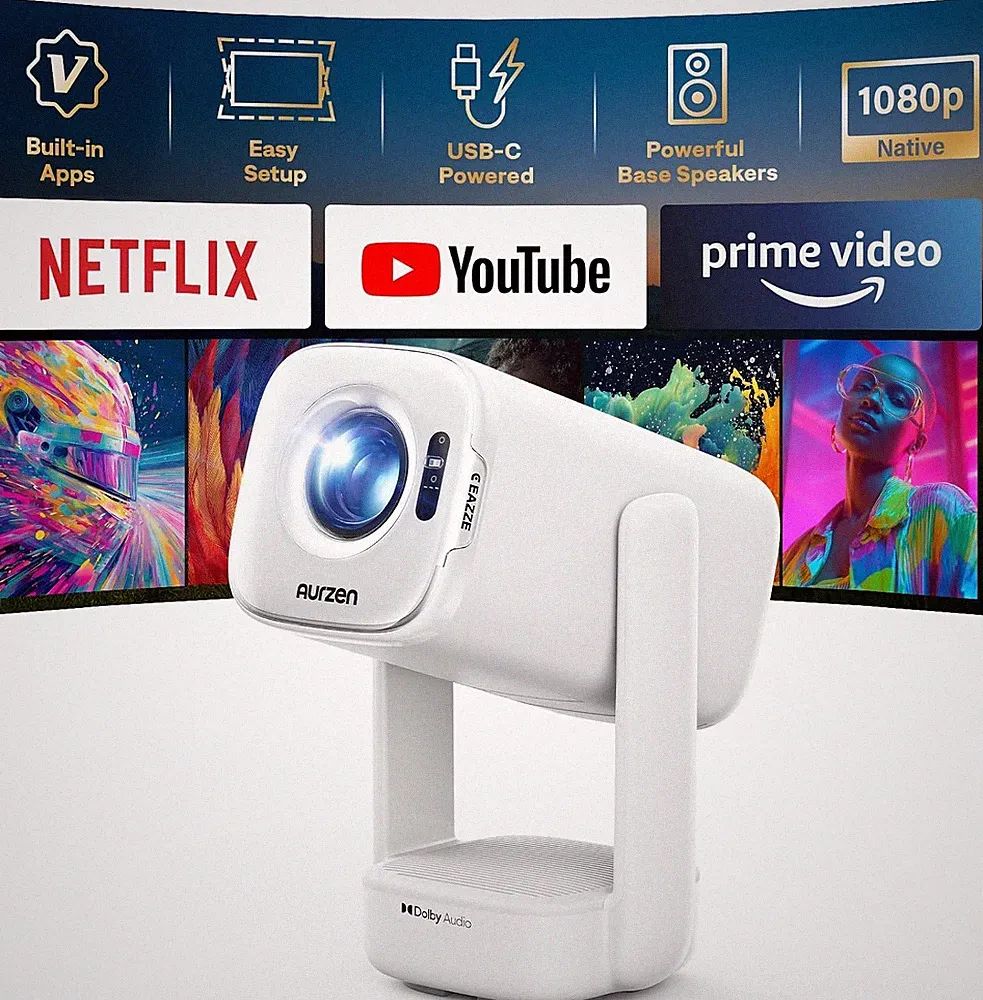 Aurzen D1 air Smart Beamer 1080P mit Netflix, Dolby Audio, WLAN, Tragbar, Weiß