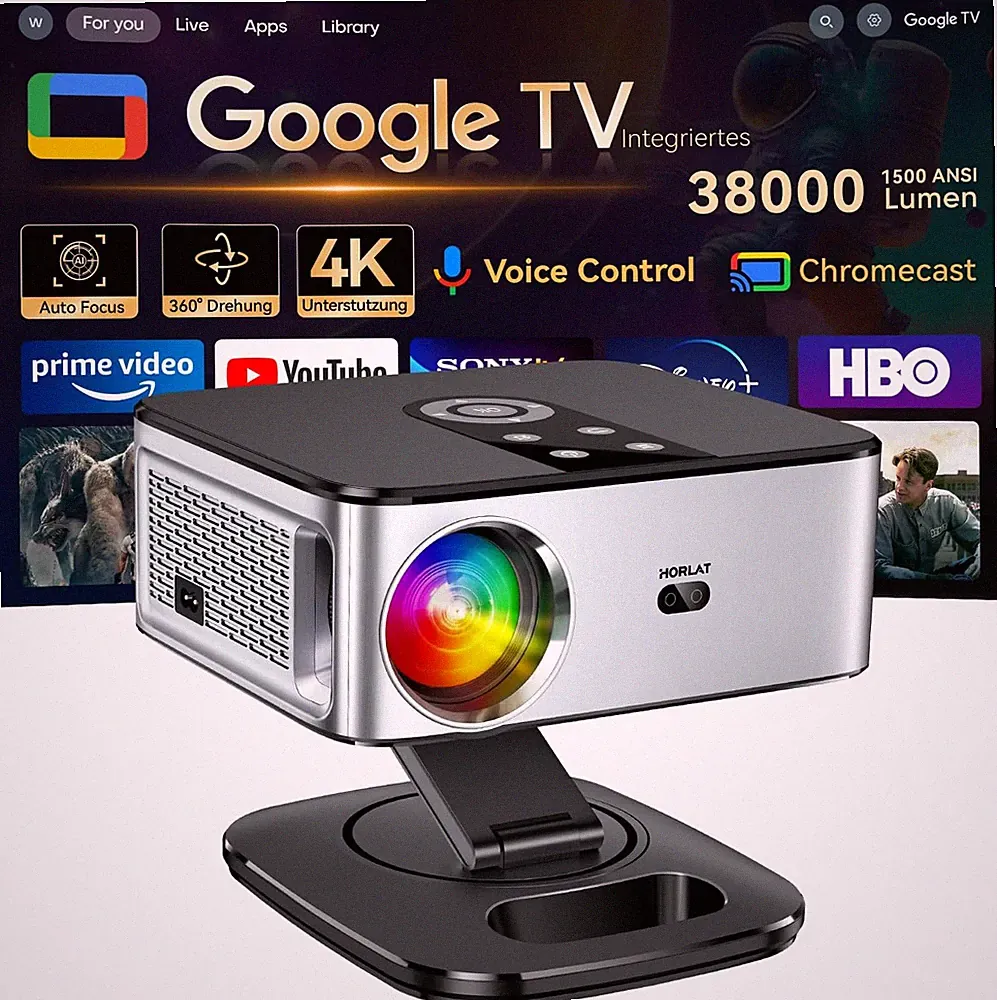 Beamer【1500 ANSI & Google TV】 HORLAT Beamer 4K Heimkino, Full HD 1080P Wifi6 Blu