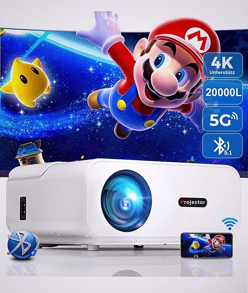Beamer, 20000 Lumen 1080P Full HD Beamer 4K Heimkino Unterstützt, 5G Wifi Blueto