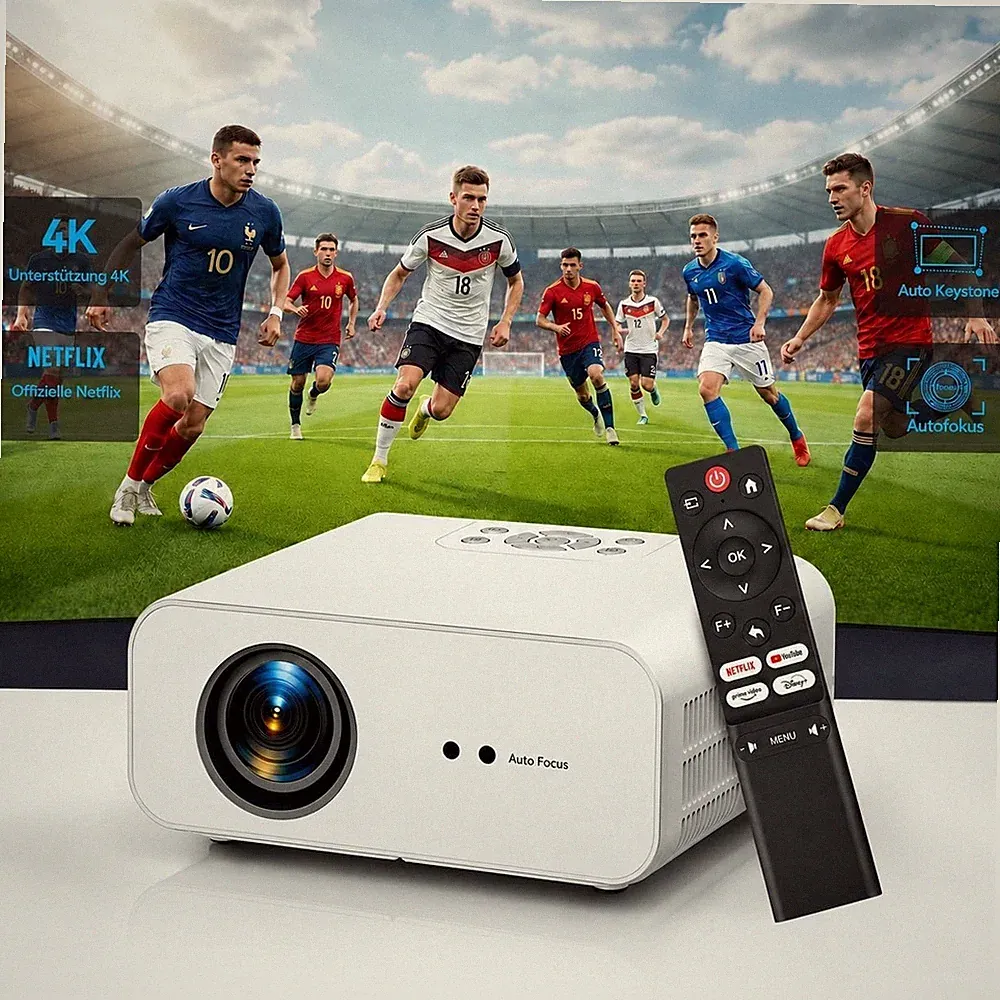 Beamer 4K 1300 ANSI Autofokus & 6D Trapezkorrektur Smart Projektor Heimkino