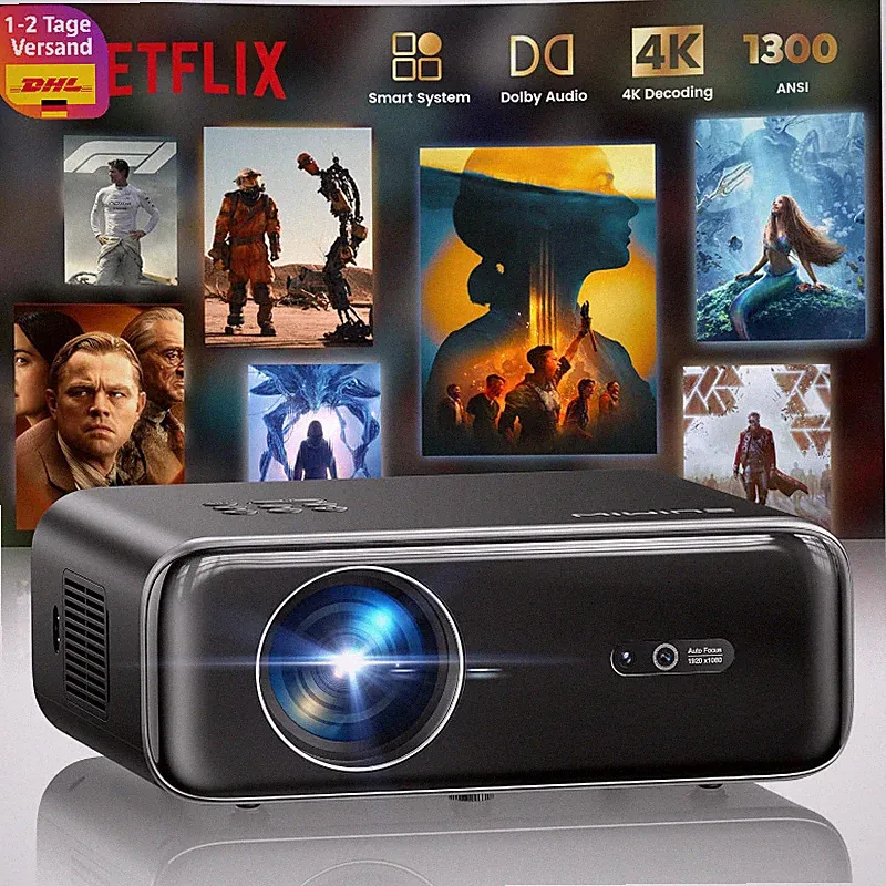 Beamer 4K Full HD 1080P mit Netflix Dolby Audio WiFi Bluetooth Outdoor Projektor