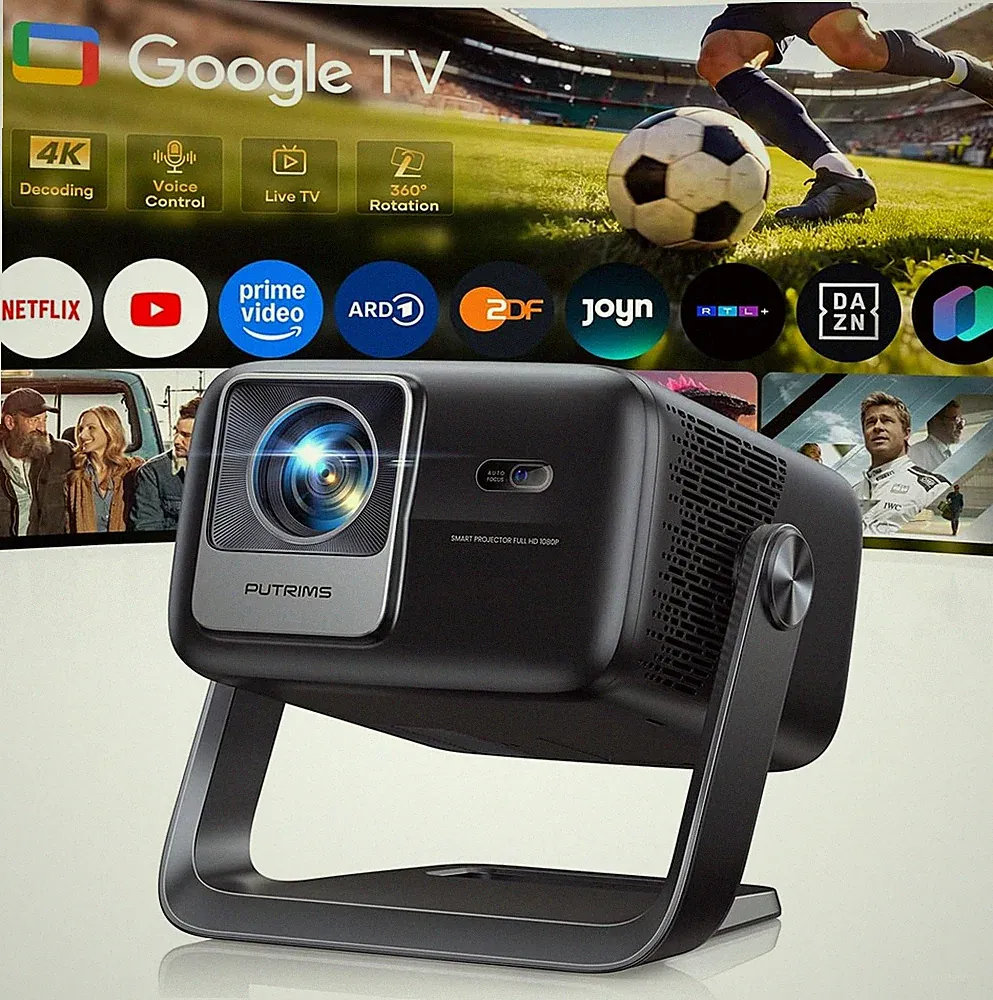 Beamer 4K mit Google TV Autofokus 360° Drehständer Smart für Heimkino Outdoor