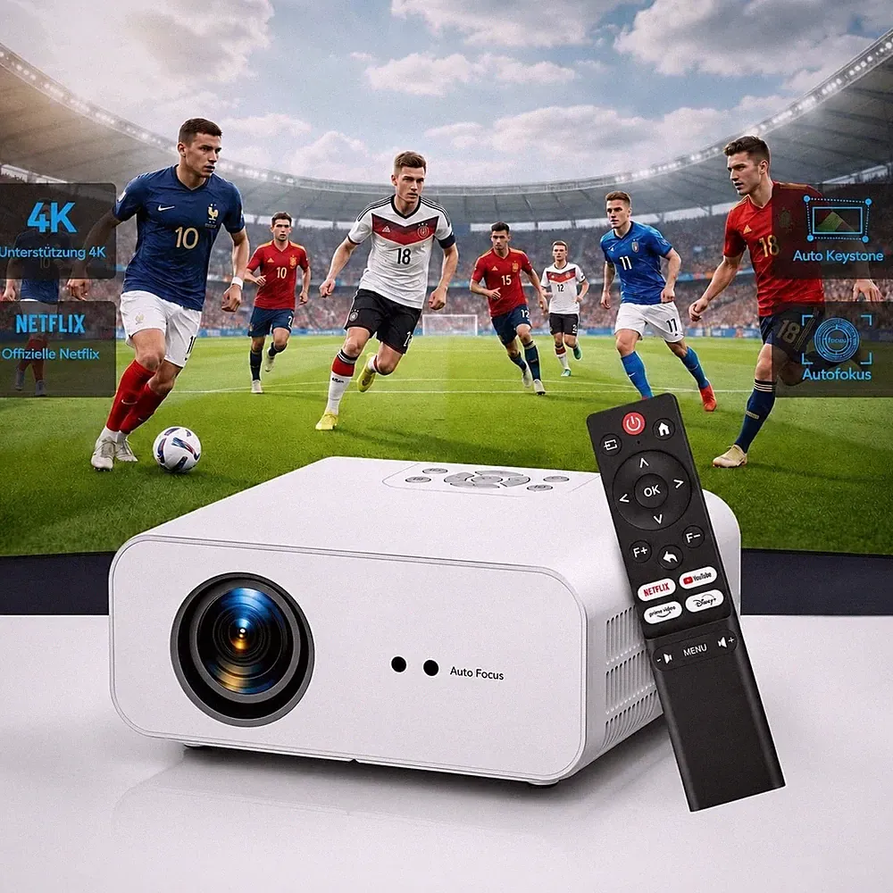 Beamer 4K Smart Projektor Offiziell lizenzierte App Autofokus 6D Trapezkorrektur