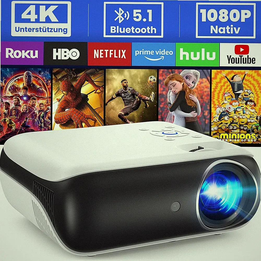 Beamer, Full HD 1080P Beamer, Bluetooth Beamer 4K Unterstützt
