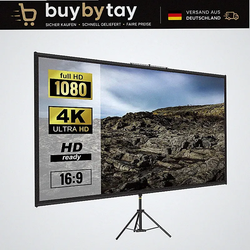 Beamer Leinwand 100 Zoll 4K HD Stativ 227x127cm Höhenverstellbar für Heimkino