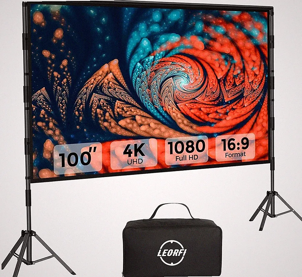 Beamer Leinwand 100 Zoll mit Stativ Outdoor LEORFI HD 4K 1