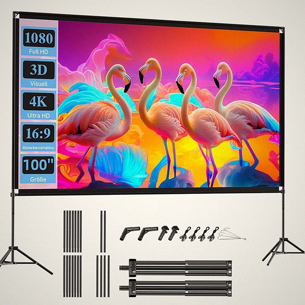 Beamer Leinwand 100 Zoll Tragbar Stativ 4K HD Gartenkino Heimkino