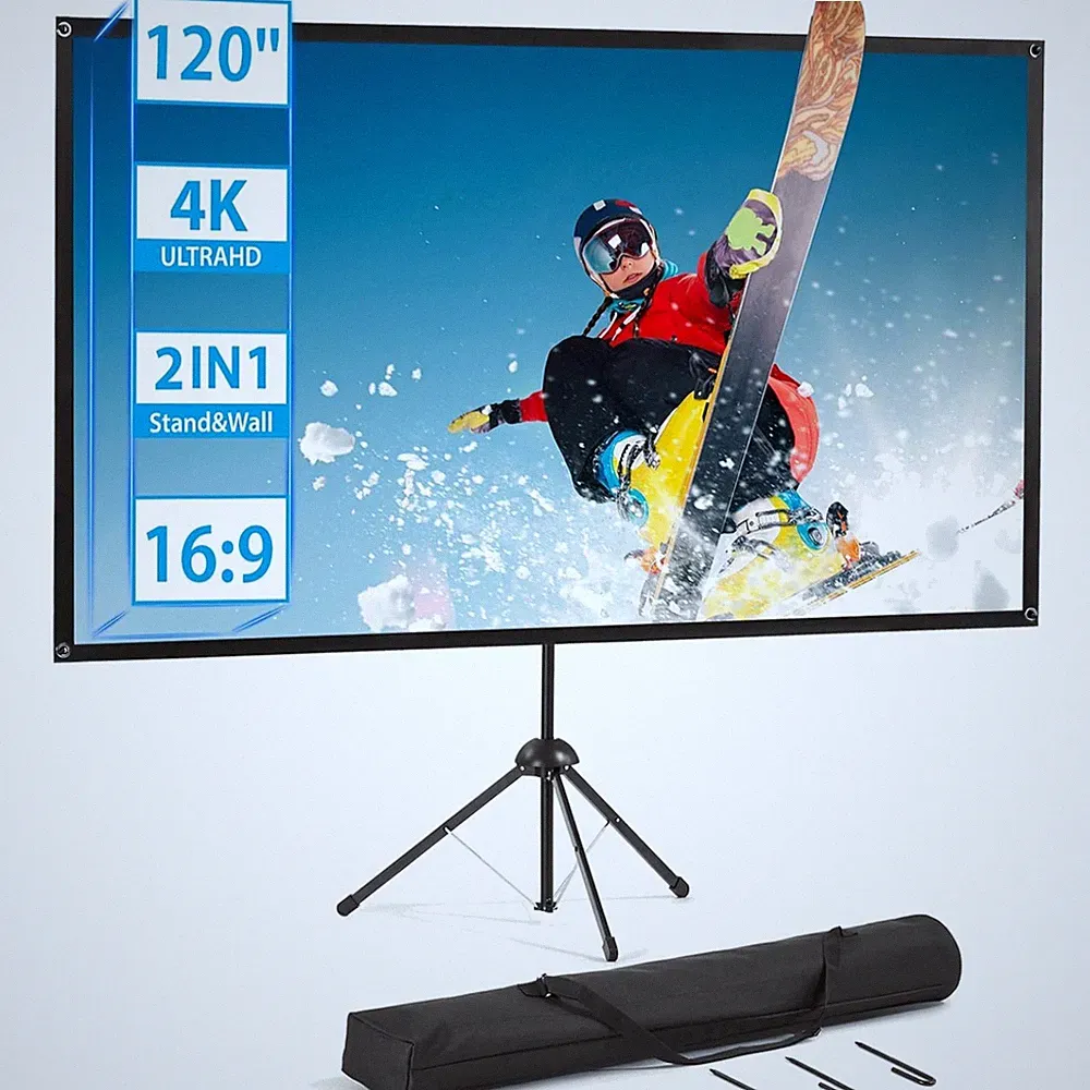 Beamer Leinwand mit Stativ 120 Zoll 16:9 4K HD Tragbar Projektionswand für In...