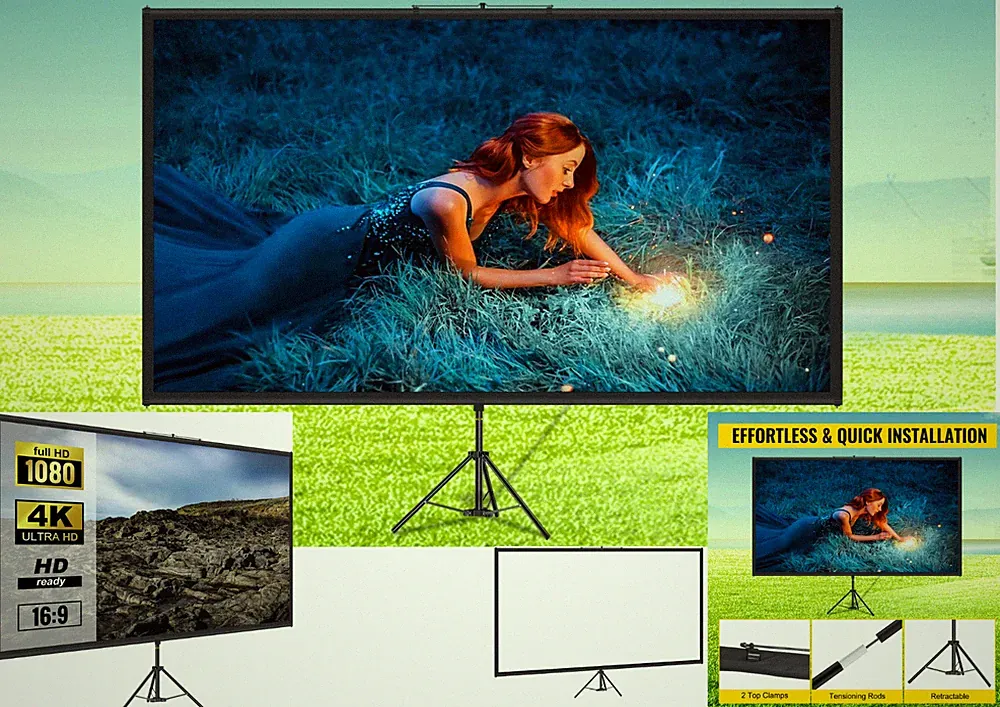 Beamer Leinwand mit Stativ 80 Zoll 16:9 4K HD Rolloleinwand Heimkino