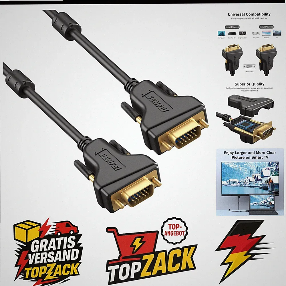 Benfei VGA Kabel 3m Geflochten VGA auf VGA Anschluss Kabel für Monitor Projektor