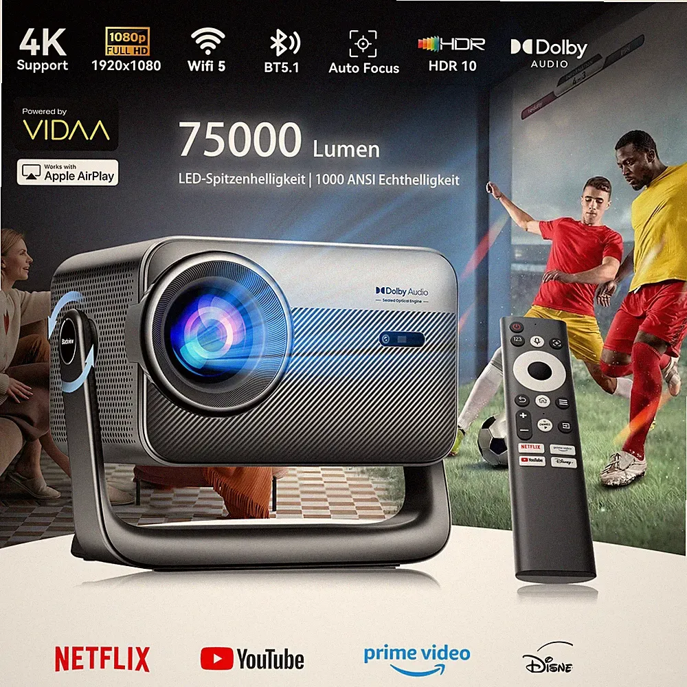 Blackview PV1000 Max Smart Projektor 75000 Lumen 4K VIDAA‑OS WiFi 6 Bluetooth
