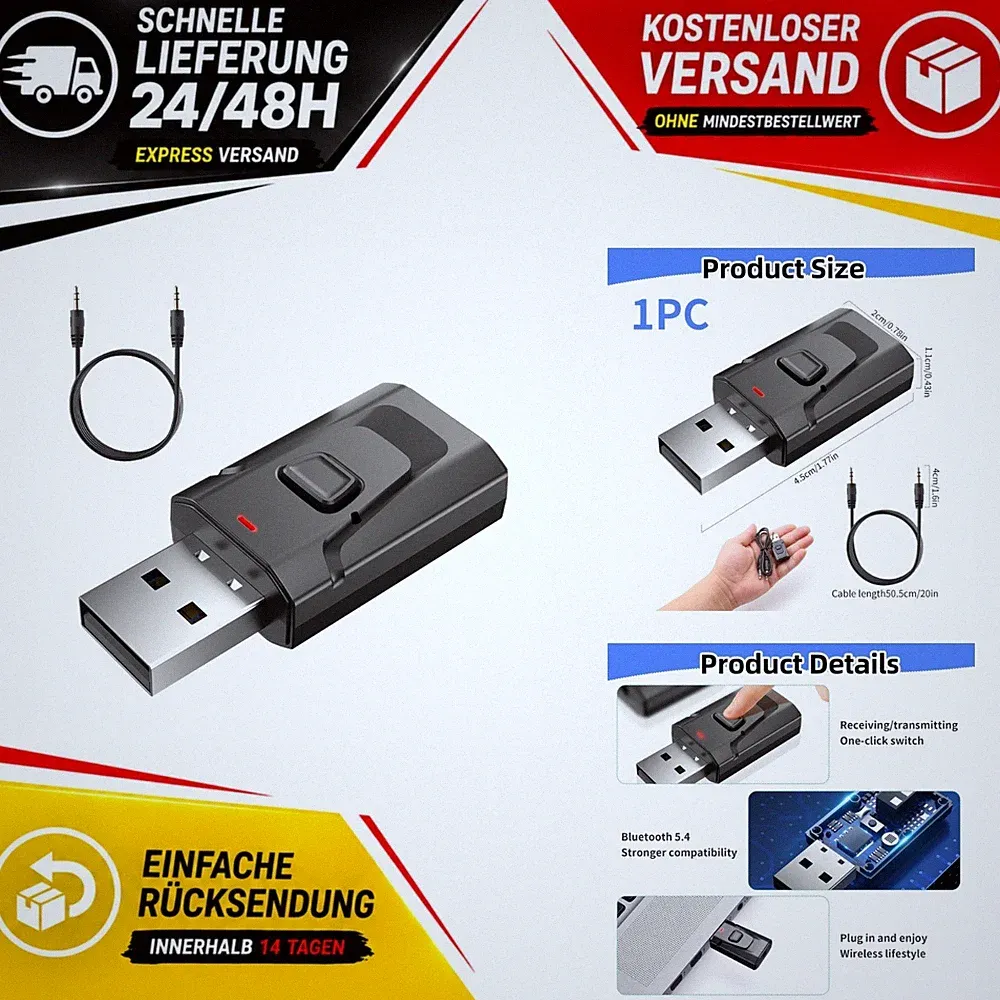 Bluetooth 5.0 Adapter 2-in-1 Sender Empfänger USB TV PC Auto