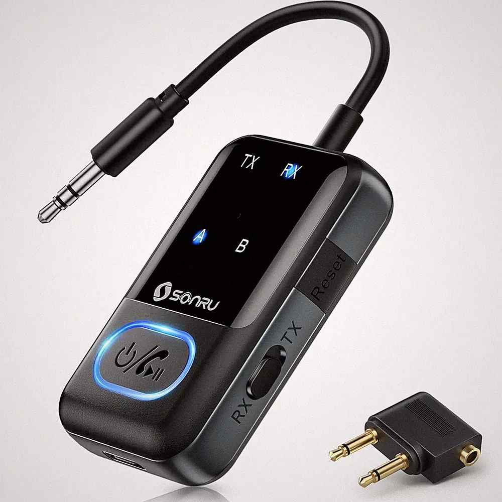 Bluetooth 5.3 Sender Empfänger 2 in 1 Klinke Splitter für 2 Kopfhörer schwarz