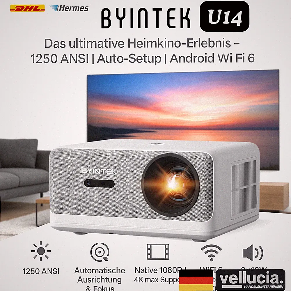 BYINTEK U14 1080P Beamer Projektor 4K 1250ANSI Android WiFi6 Autofokus NEU